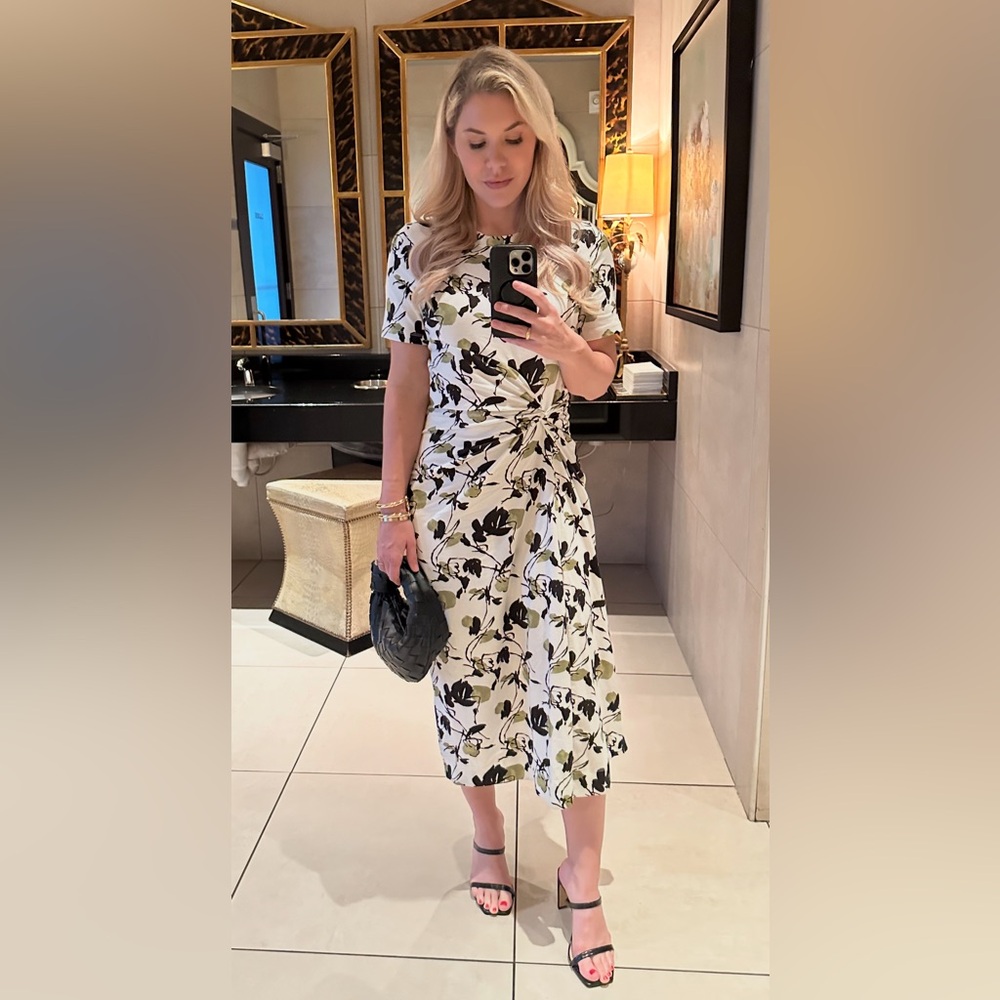 Tanya Taylor Ira Black and White Ruched Wrap Midi Dress